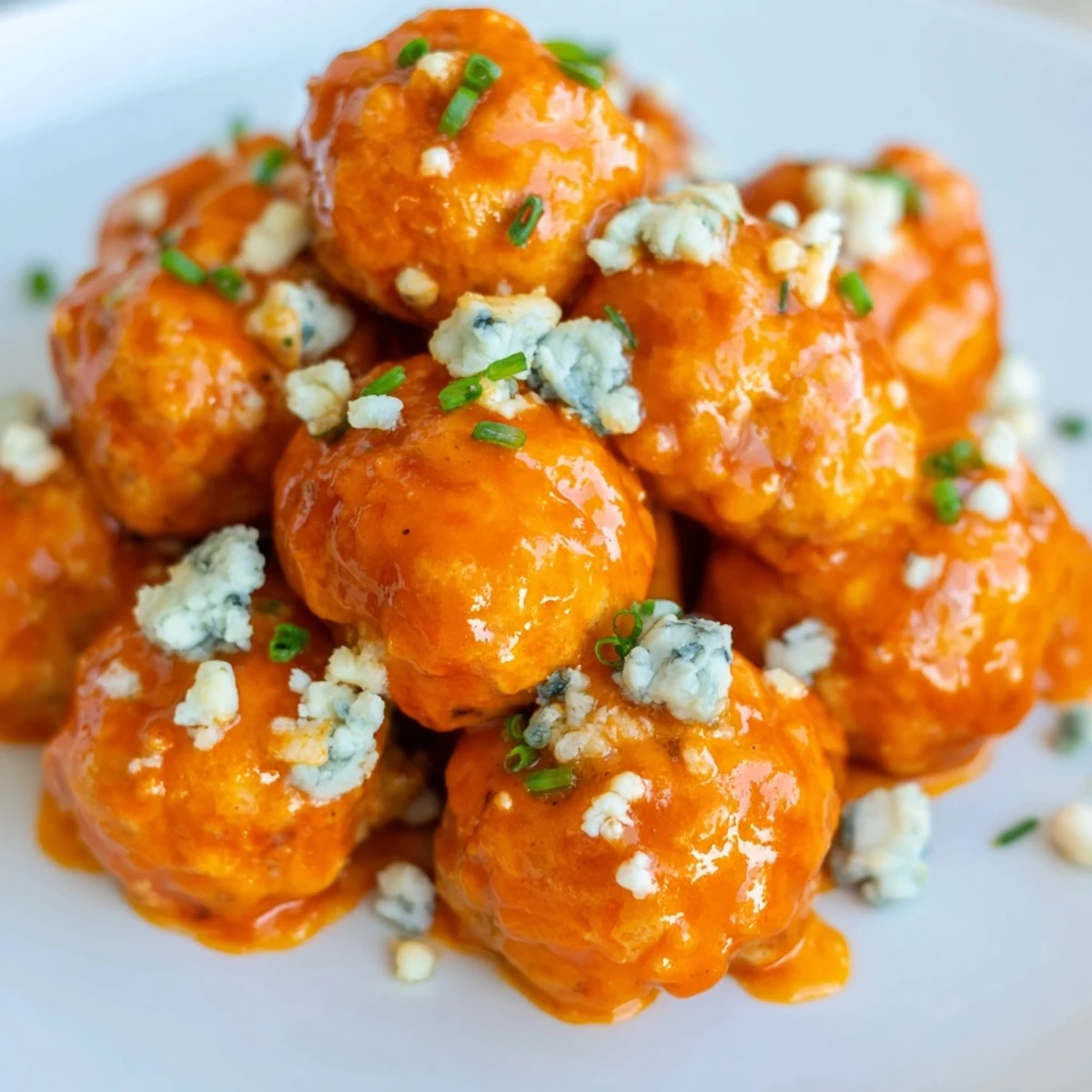 A close-up of glazed Buffalo chicken meatballs garnished with fresh chives and blue cheese, ready to serve.