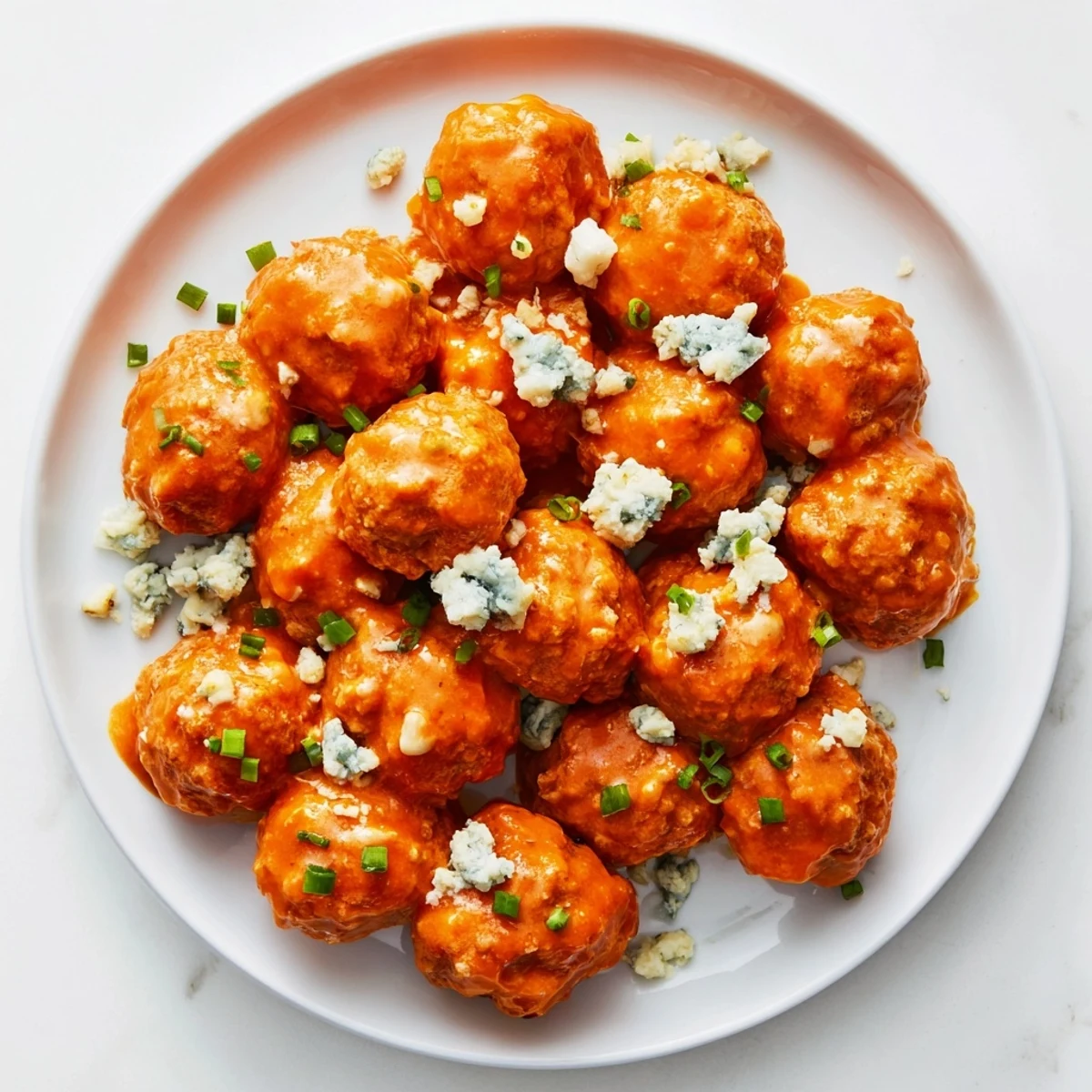 Golden-brown Buffalo chicken meatballs glistening with spicy red sauce and topped with creamy blue cheese crumbles on a serving platter.
