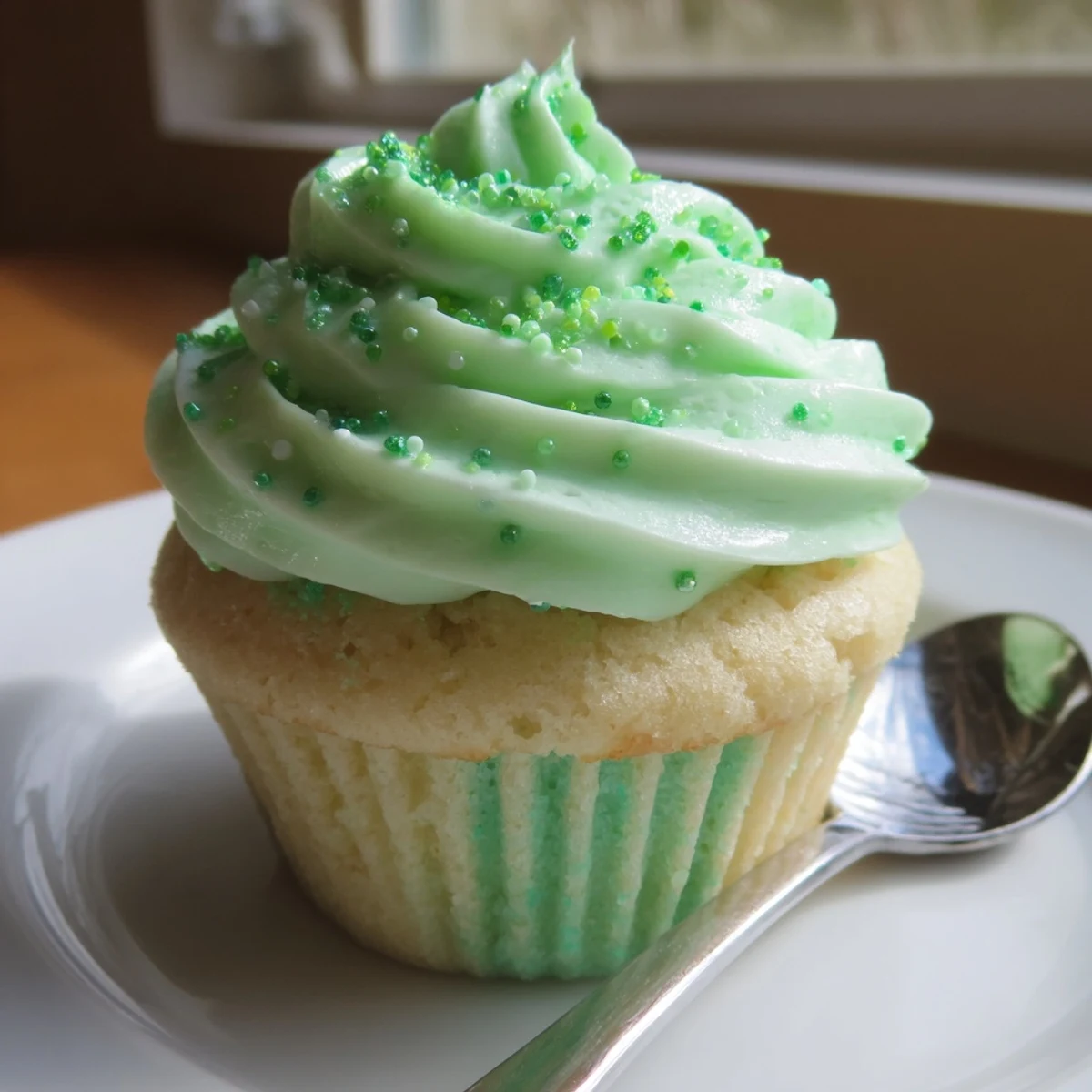 Twelve Shamrock Shake Cupcakes, topped with creamy mint frosting and a maraschino cherry, arranged on a cooling rack beside a glass of milk.  