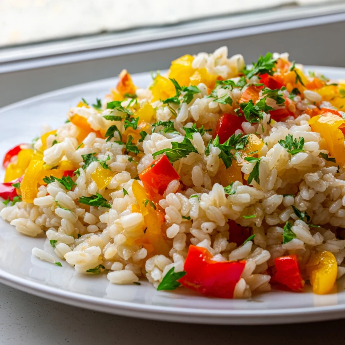 A bowl of fluffy rice pilaf with peppers and onions, garnished with fresh parsley and a bay leaf, served warm.