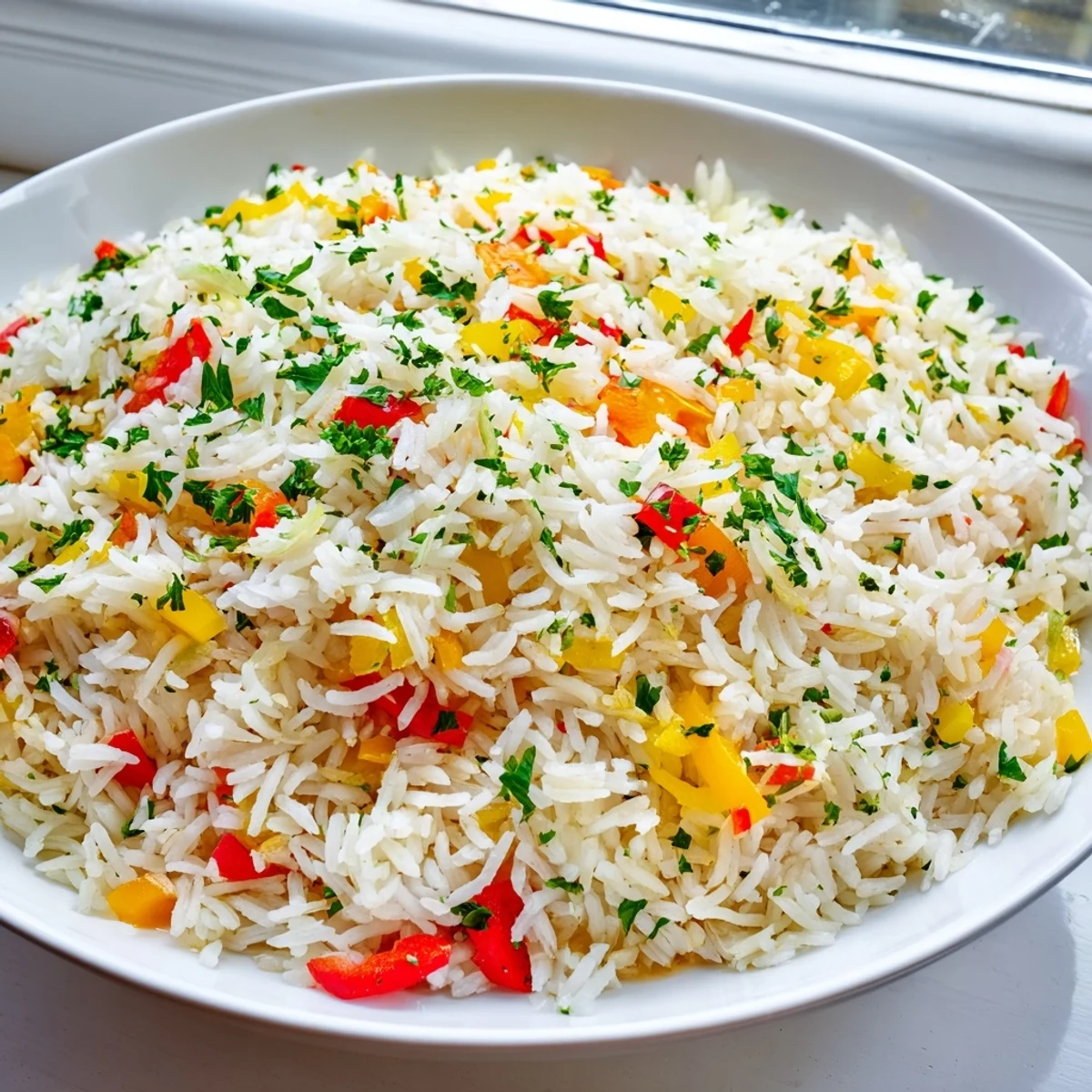 Colorful vegetarian rice pilaf with sautéed onions and sweet bell peppers, a fragrant Mediterranean side dish perfect with grilled meats.
