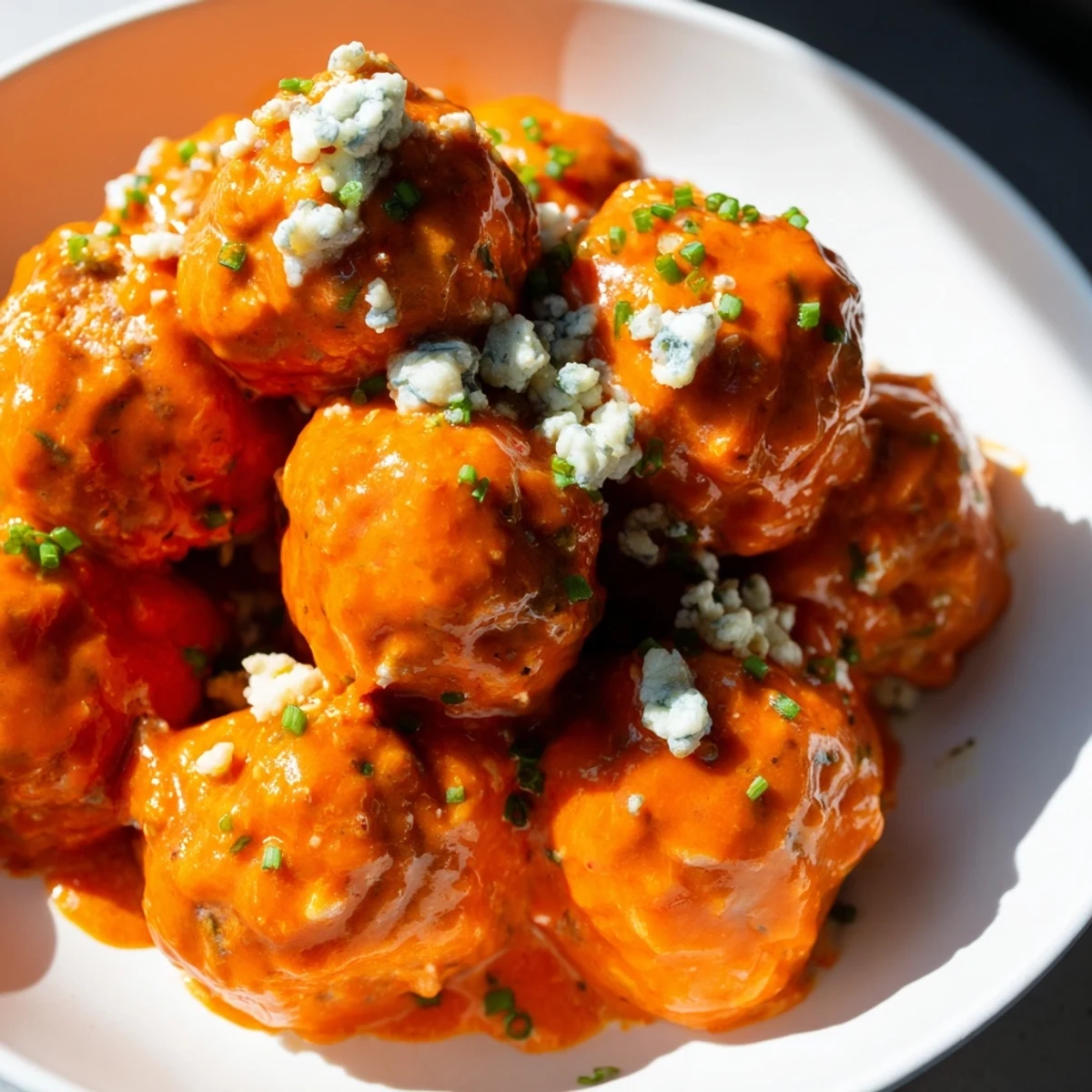 Golden-baked Buffalo Chicken Meatballs coated in tangy red sauce and topped with crumbly blue cheese on a platter. Served with fresh celery and carrot sticks for dipping alongside the appetizer. 