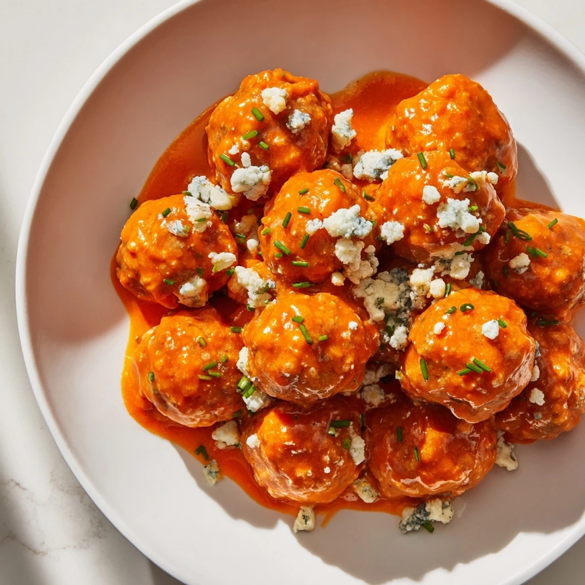 Close-up of Buffalo Chicken Meatballs with blue cheese crumbles, highlighting the juicy texture and vibrant glaze. Accompanied by crisp celery sticks and a small bowl of ranch dip.