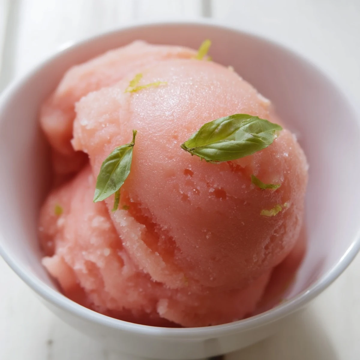 A scoop of Pink Grapefruit Sorbet with Basil Garnish sits in a glass bowl, showcasing its vibrant pink hue and refreshing texture.