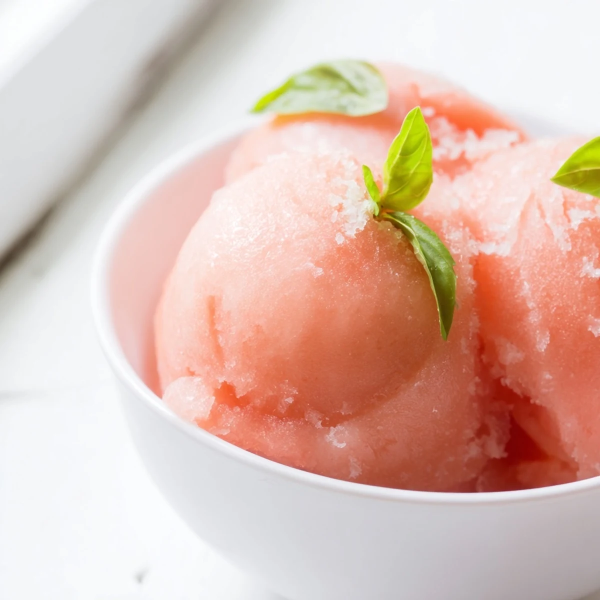 Bright pink Pink Grapefruit Sorbet with Basil Garnish served in a chilled bowl, garnished with fresh basil for an aromatic finish.