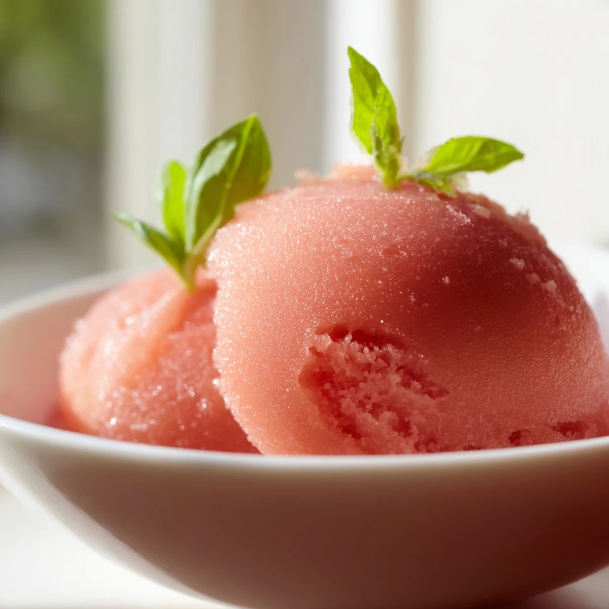 Spoonful of tangy Pink Grapefruit Sorbet with Basil Garnish, highlighting the citrus zest and cool, frozen dessert texture.
