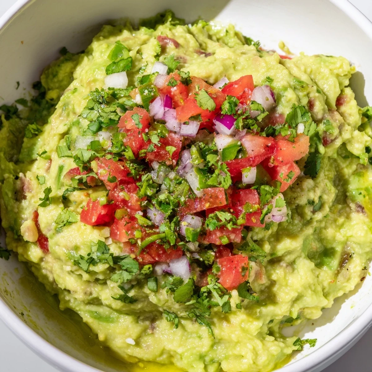 A close-up of Guacamole with Chunky Pico de Gallo in a rustic bowl, topped with vibrant fresh cilantro.