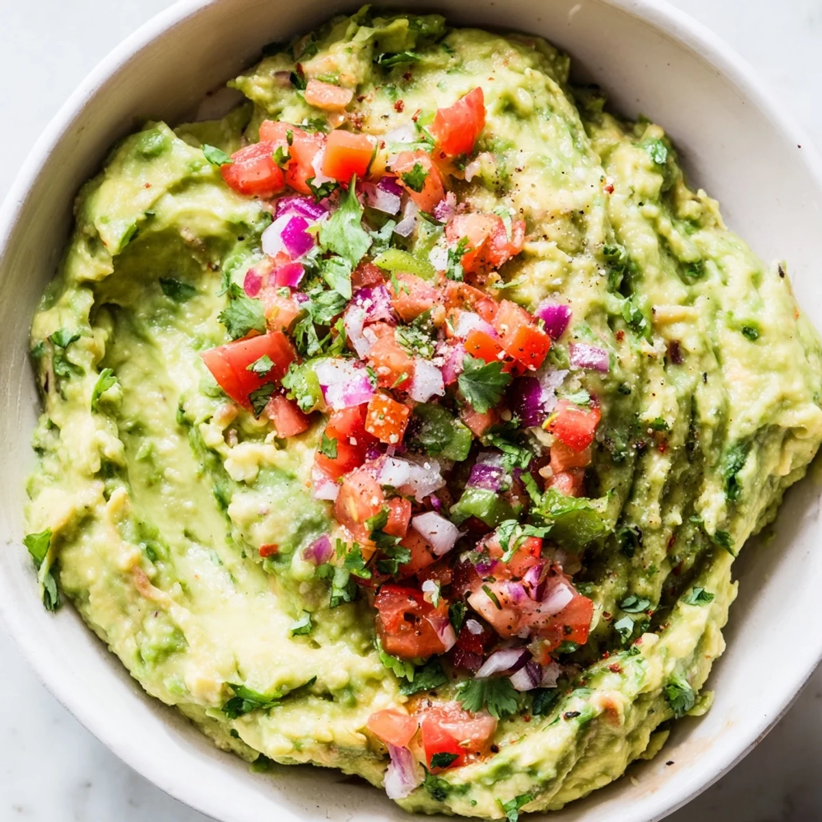Homemade Guacamole with Chunky Pico de Gallo served with crisp tortilla chips for dipping, perfect for a party.