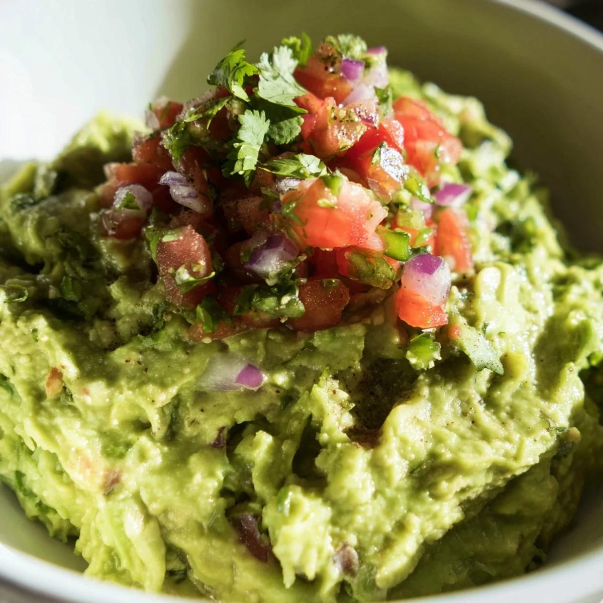 Vibrant Guacamole with Chunky Pico de Gallo in a white ceramic bowl, ready to be enjoyed as a dip.