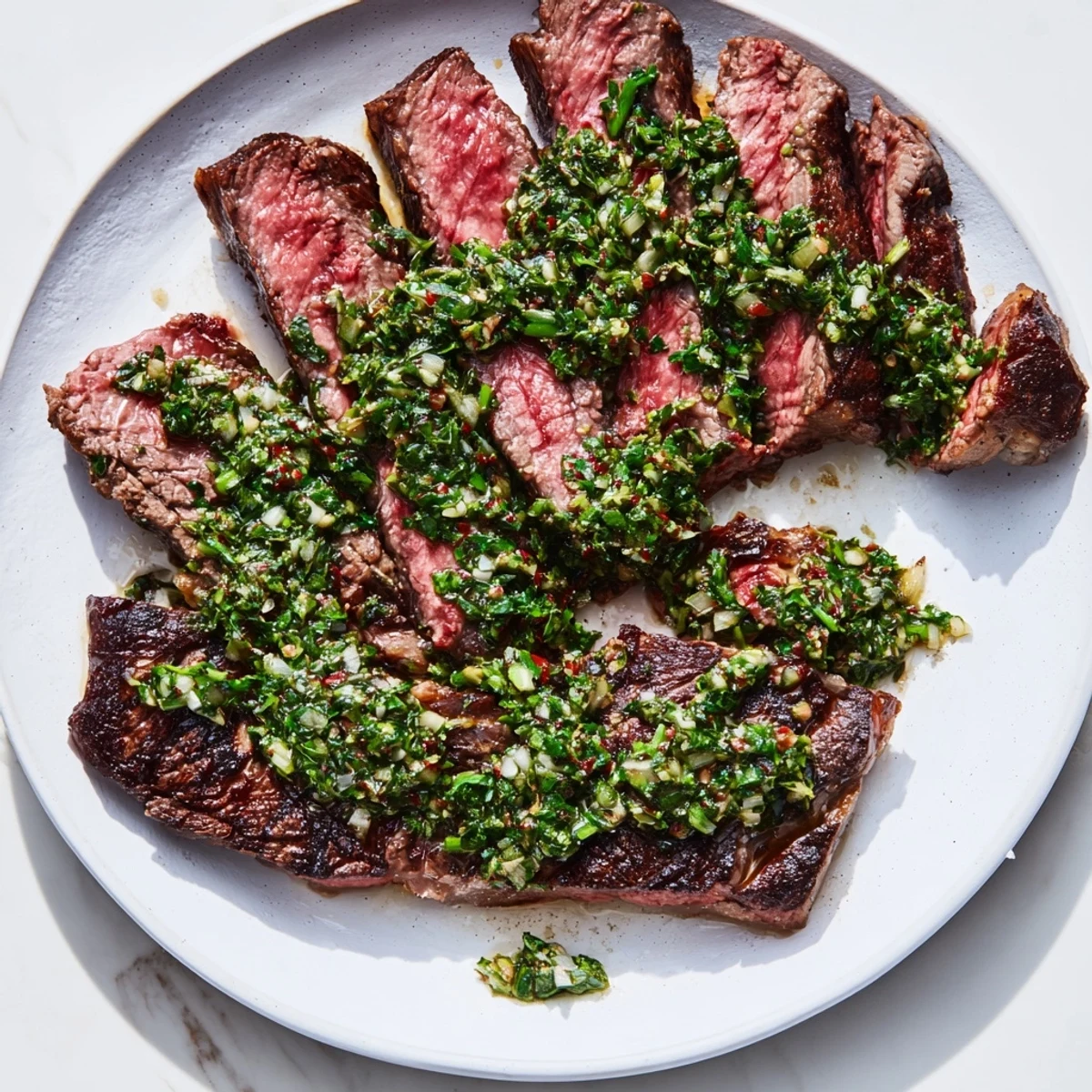A juicy Pan Seared Steak with Chimichurri Sauce sliced and served on a wooden board with fresh parsley garnish.
