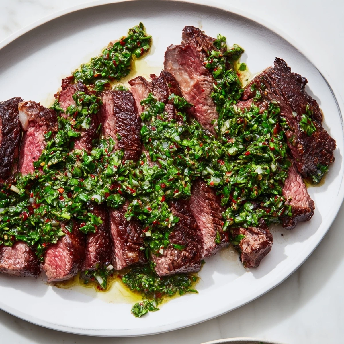 Two grilled Pan Seared Steak with Chimichurri Sauce pieces topped with zesty herb sauce, served alongside a crisp green salad.