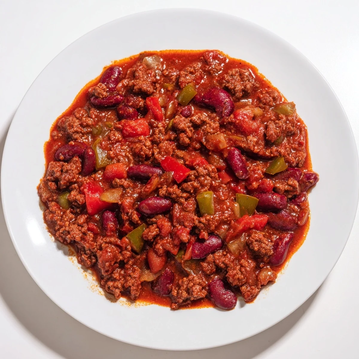 A steaming bowl of Beef Chili with Kidney Beans and Tomatoes, topped with shredded cheese and cilantro, served with a side of buttery cornbread for dipping.
