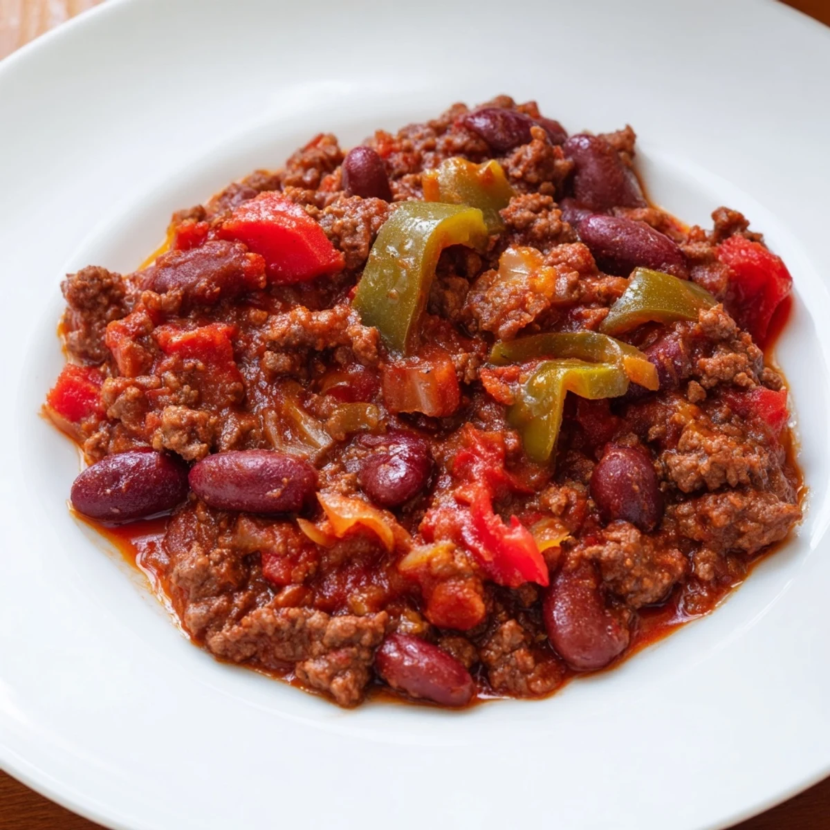 Hearty Beef Chili with Kidney Beans and Tomatoes simmering in a rustic pot, featuring tender ground beef chunks and vibrant red peppers in a thick, rich sauce.