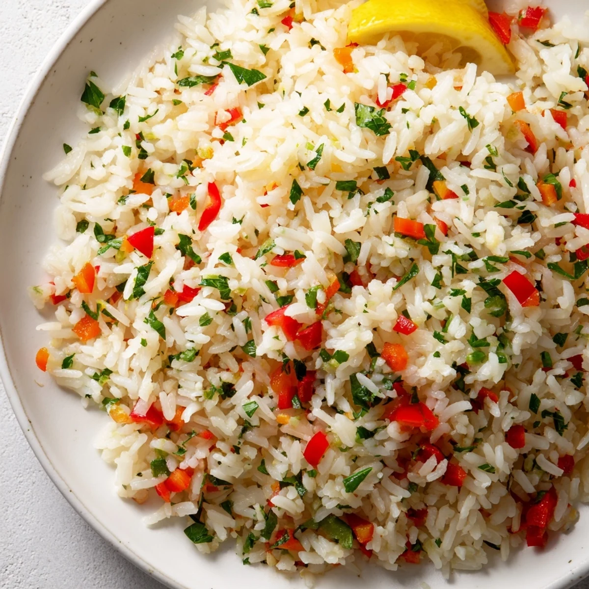 Fork-fluffed Rice Pilaf with Peppers and Onions topped with fresh parsley and lemon wedges, steaming beside a linen napkin on a rustic table.