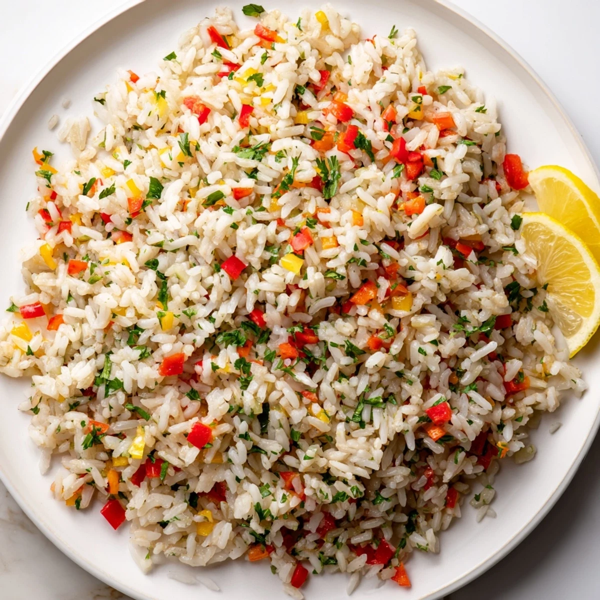 Aromatic Rice Pilaf with Peppers and Onions sautéed with garlic and onions, served warm as a colorful vegetarian side dish ready to enjoy.