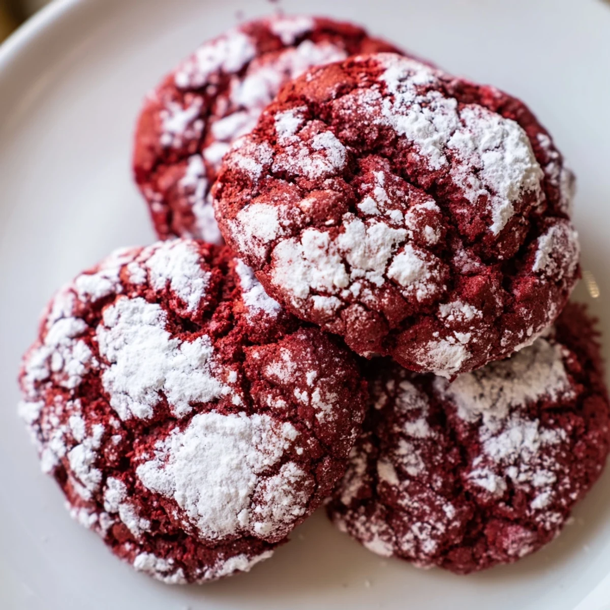 A close-up of Red Velvet Crinkle Cookies reveals a soft, chewy center with rich cocoa tones and a generous dusting of powdered sugar.