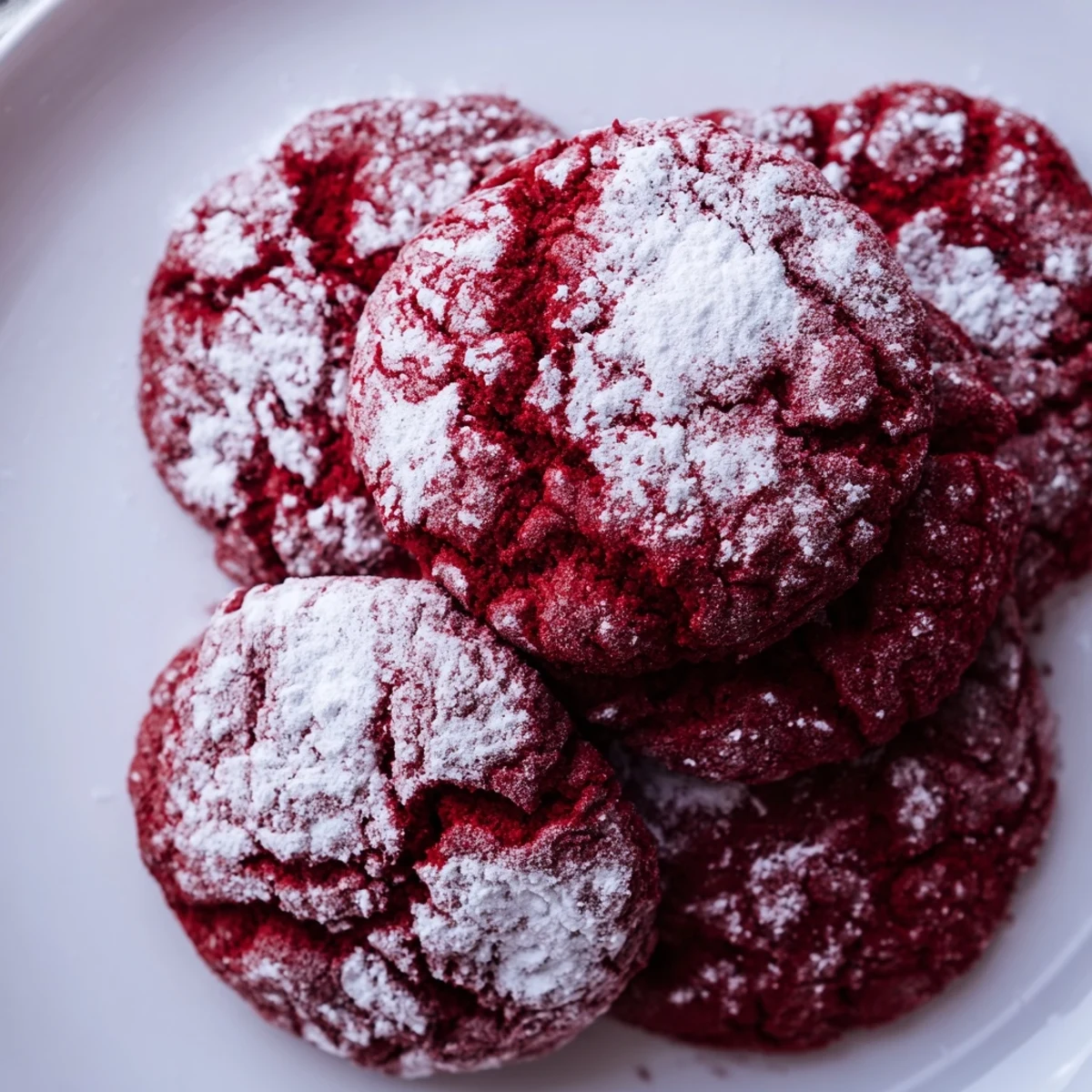 Freshly baked Red Velvet Crinkle Cookies rest on a cooling rack, showcasing their crinkled edges and vibrant red color coated in snowy powdered sugar.