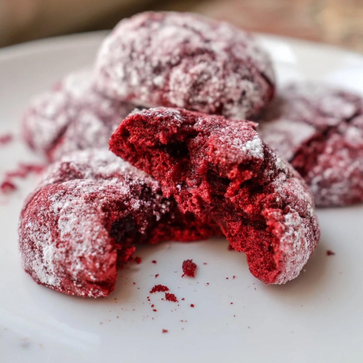 Red Velvet Crinkle Cookies are stacked on a plate, perfect for festive holiday gatherings or a sweet homemade dessert snack.