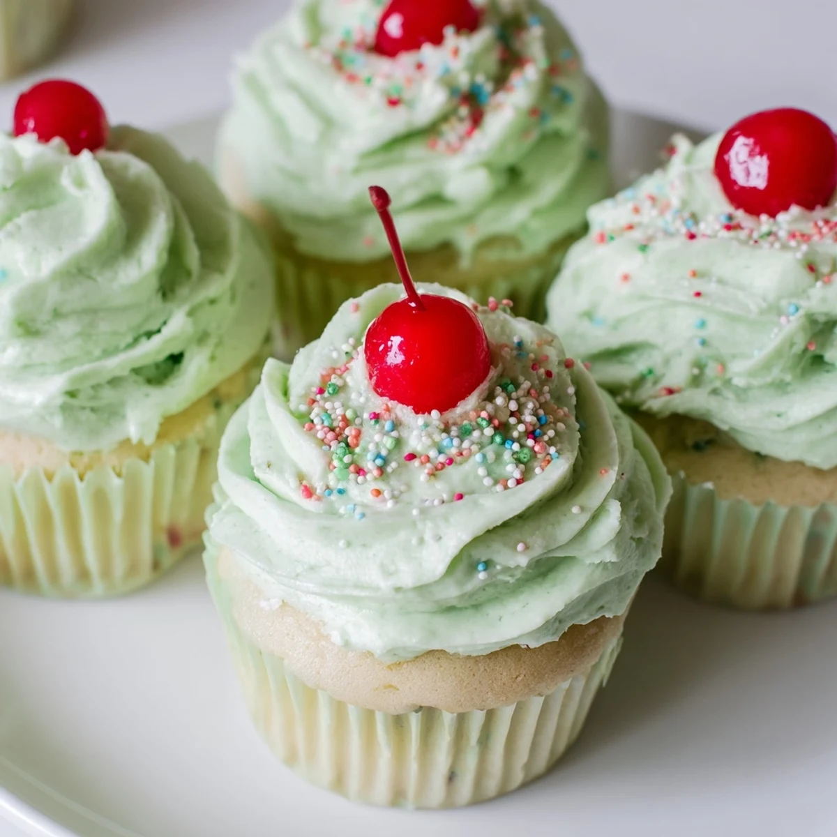 Frosted Shamrock Shake Cupcakes with mint frosting are topped with rainbow sprinkles and mini straws on a serving plate.