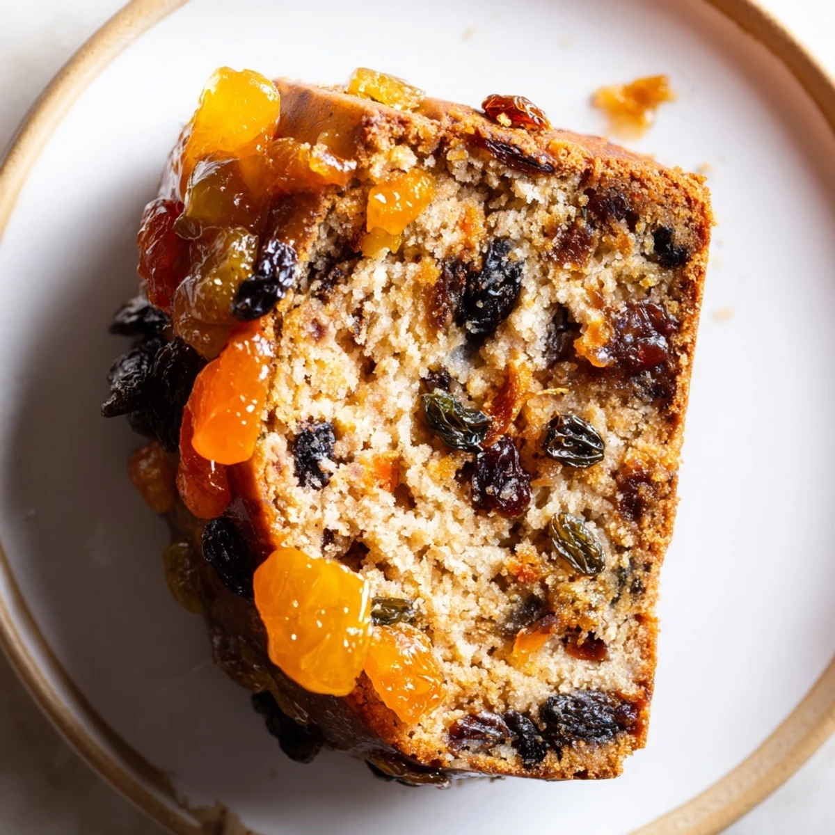 Freshly baked Irish Tea Cake with dried fruit and spices sits sliced on a wooden board, revealing a moist crumb and warm, spiced aroma.