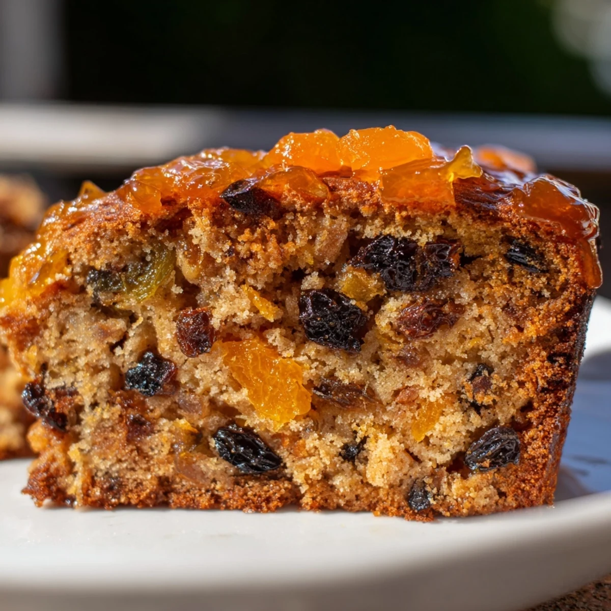 A close-up of Irish Tea Cake with dried fruit and spices, topped with glossy orange marmalade glaze and served with a steaming cup of tea.