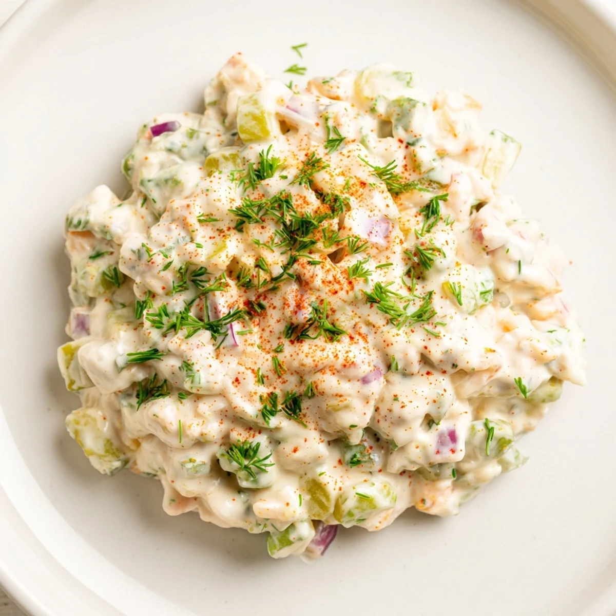 Creamy remoulade sauce with crab meat and fresh herbs in a white bowl, garnished with lemon wedges.