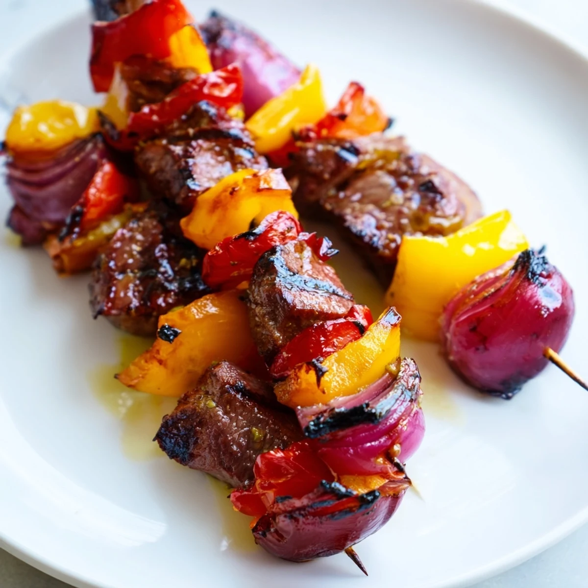 Tender marinated beef kebabs with bell peppers and onions, sizzling with smoky char from the grill and perfect for a summer cookout.