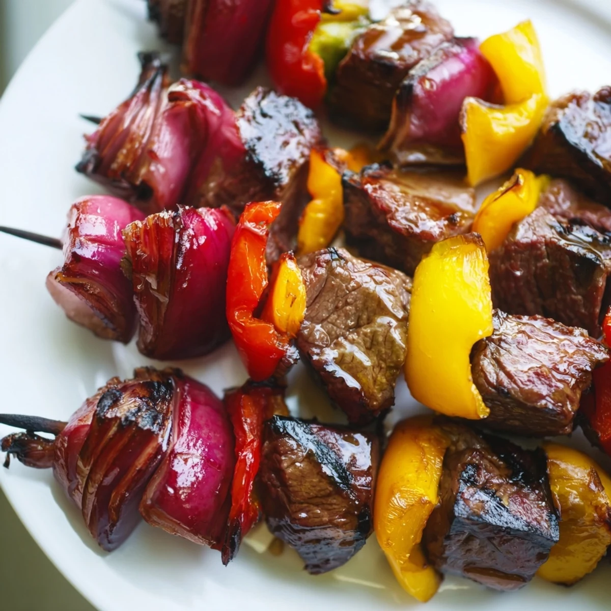 Golden, lightly charred Beef Kebabs with Bell Peppers and Onions, arranged on a rustic platter with fresh herbs and a drizzle of olive oil.