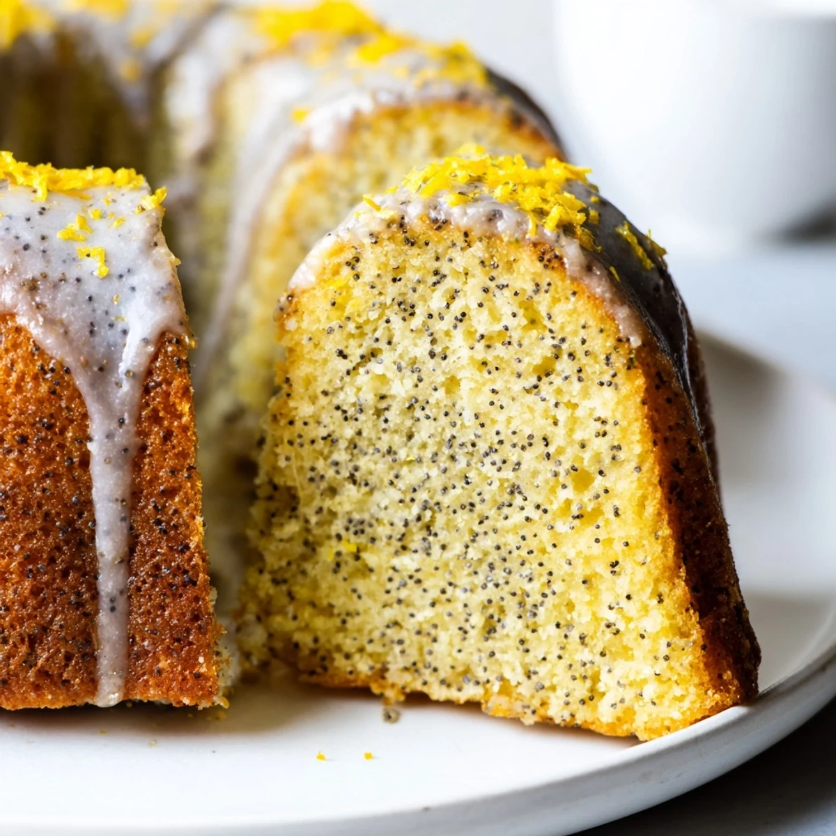 Golden Lemon Poppy Seed Bundt cake with glossy glaze, topped with fresh lemon zest and poppy seeds on a rustic wooden table.