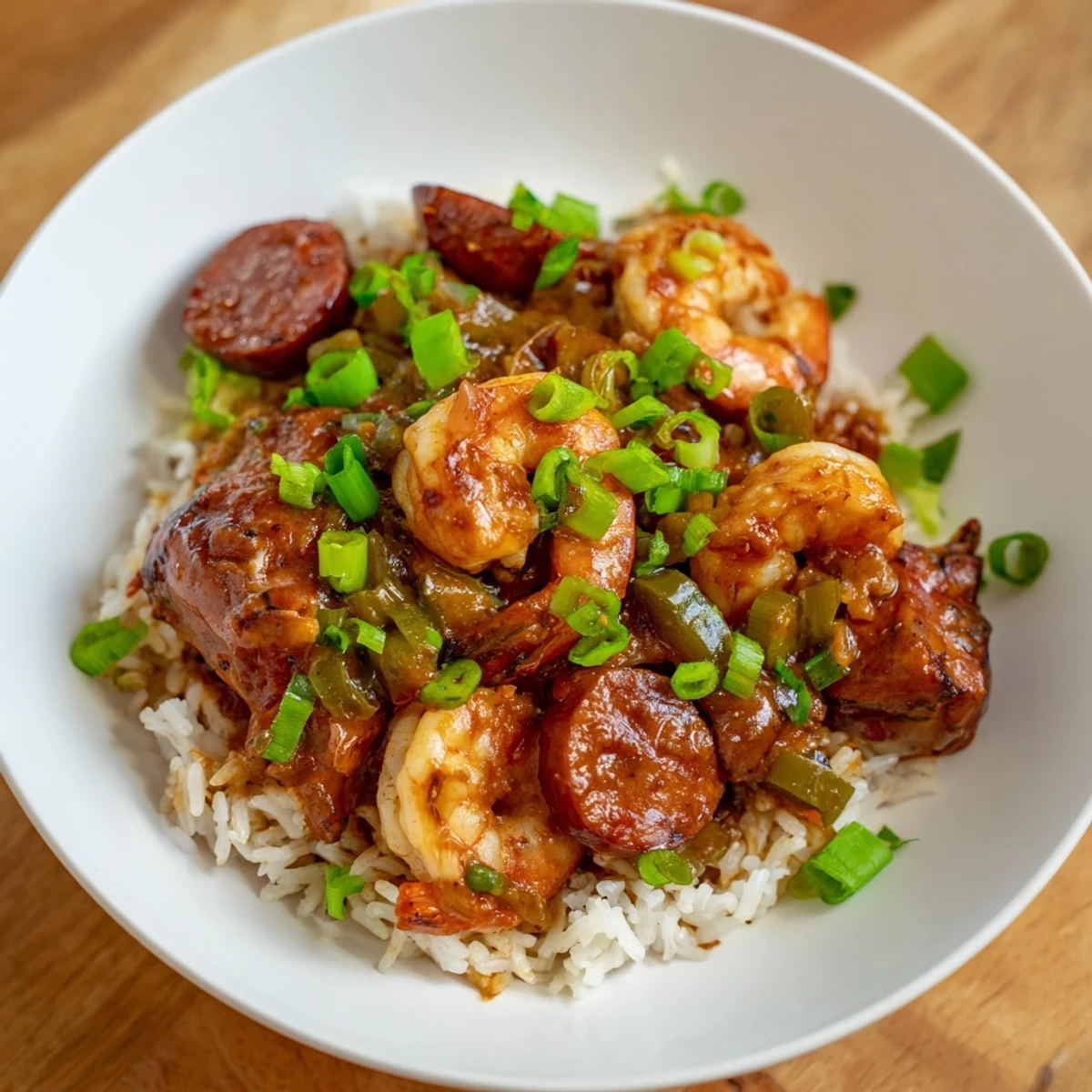 Steaming Mardi Gras Jambalaya with Chicken and Shrimp, featuring tender chicken, plump shrimp, and colorful vegetables served in a rustic bowl.