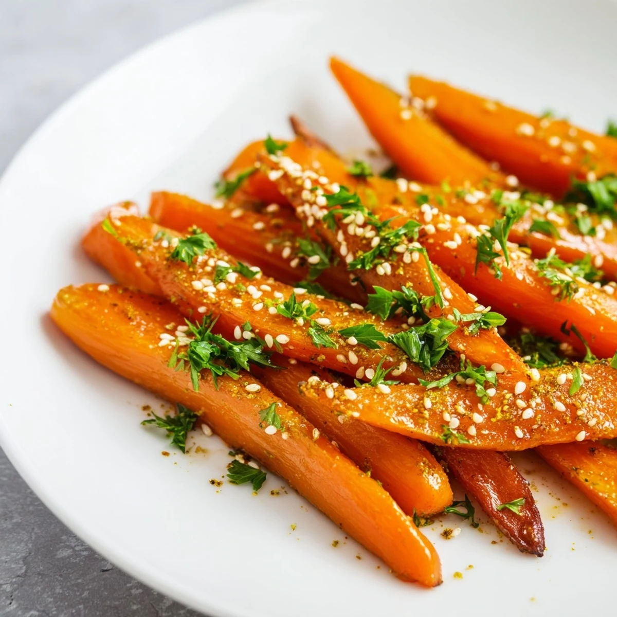 Roasted carrots with maple and cumin glistening with caramelized glaze, served warm on a rustic platter.  