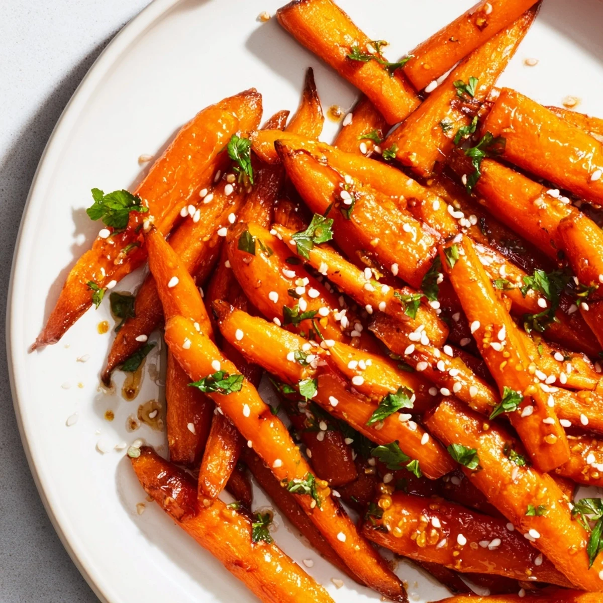 Savory roasted carrots with maple and cumin, garnished with fresh parsley and toasted sesame seeds.  