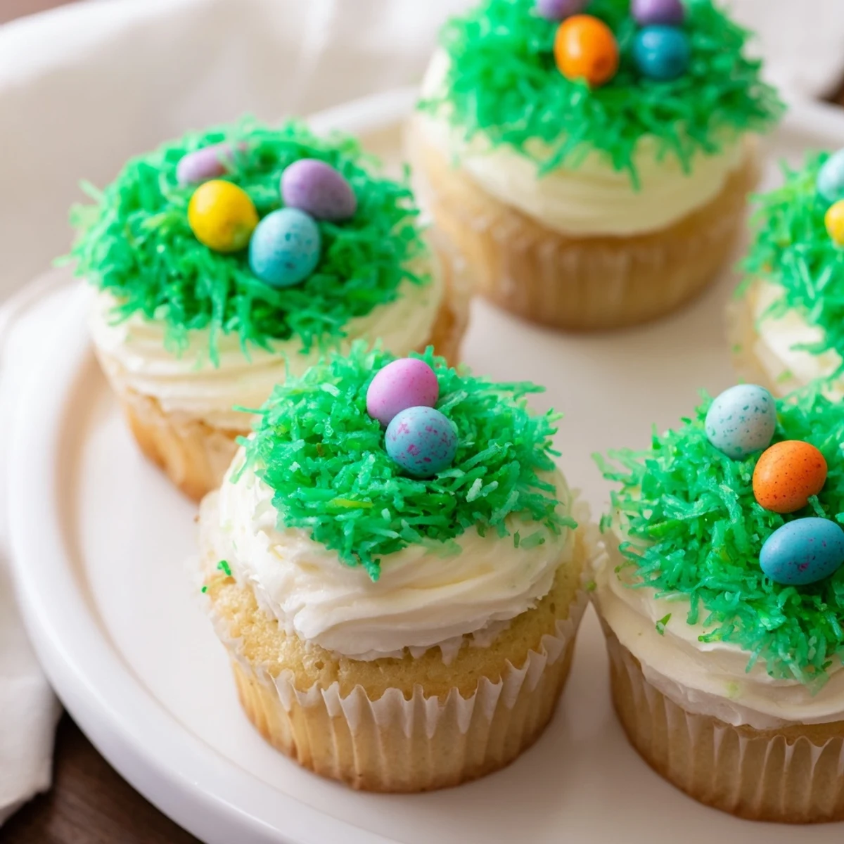Easter Basket Cupcakes with coconut grass, candy eggs, and licorice handles on a pastel dessert table.