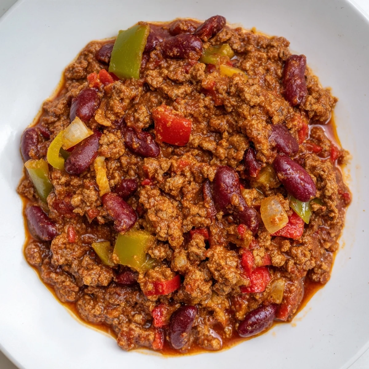 Spicy Beef Chili with Kidney Beans simmered in a rich, aromatic tomato broth, garnished with fresh cilantro and shredded cheese.