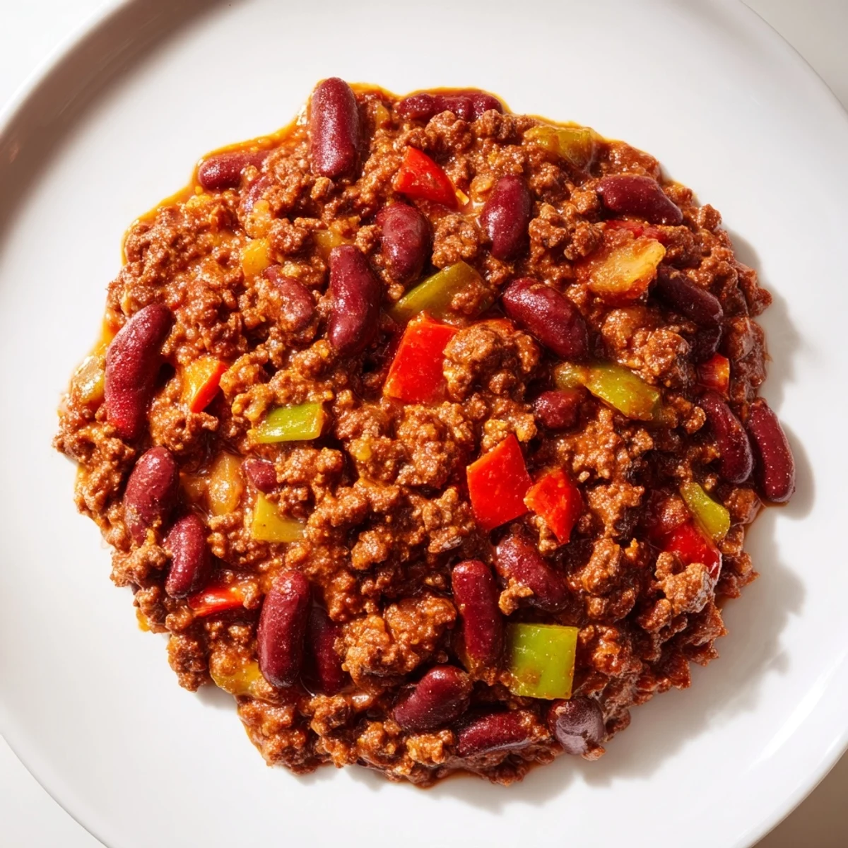 A rustic cast iron pot holds Spicy Beef Chili with Kidney Beans, topped with sour cream and served with warm cornbread.