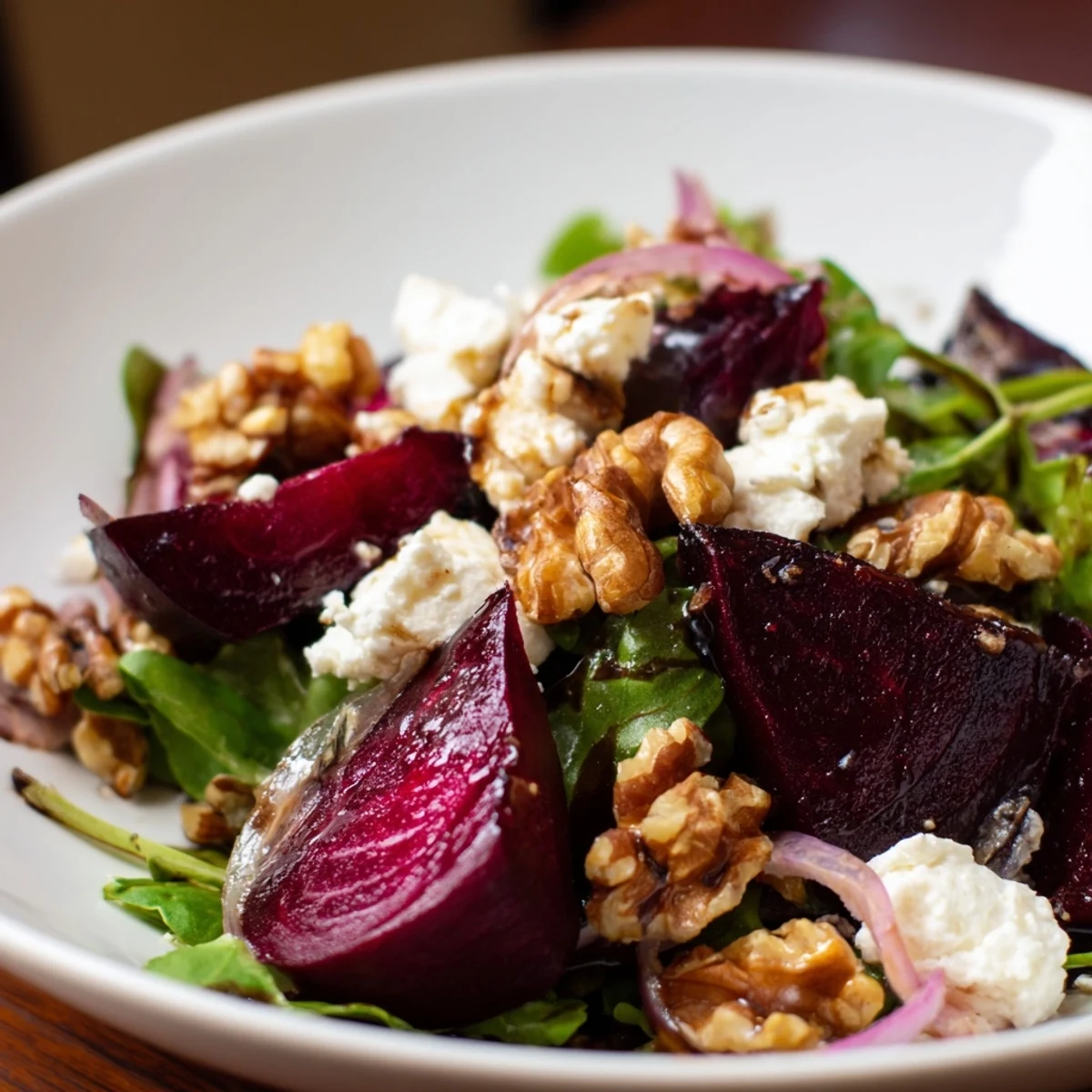 Golden roasted beet salad with crumbled goat cheese, toasted walnuts, and mixed greens on a white platter.