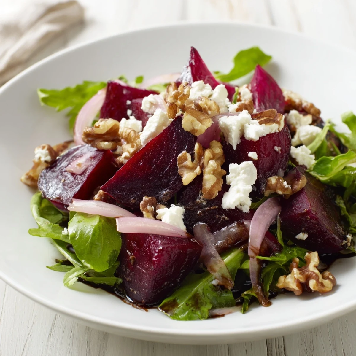 A bowl of roasted beet salad showcases ruby beet wedges, creamy goat cheese, and vinaigrette-dressed greens.