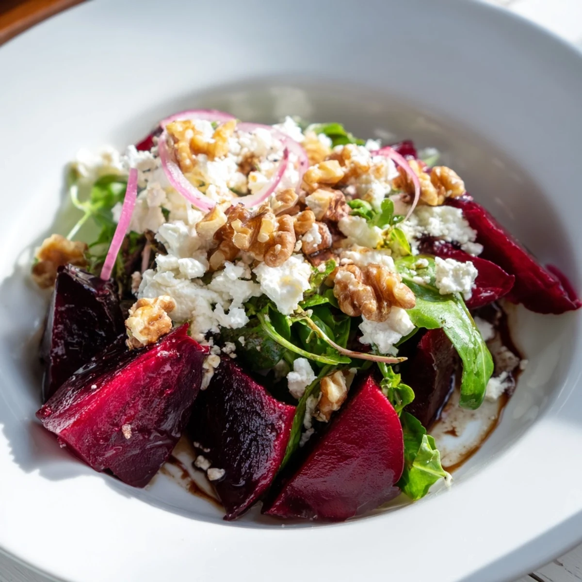 Vibrant roasted beet salad with goat cheese and walnuts, garnished with red onion and fresh greens.