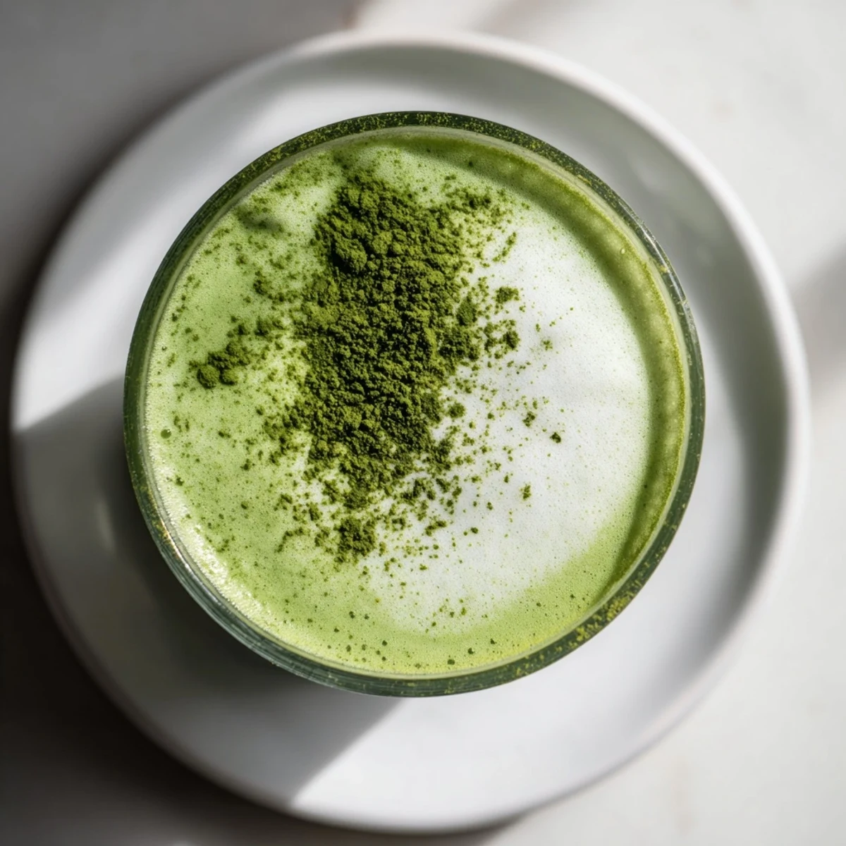 Creamy almond milk blends with frothy matcha latte, garnished with a light dusting of green tea powder.  