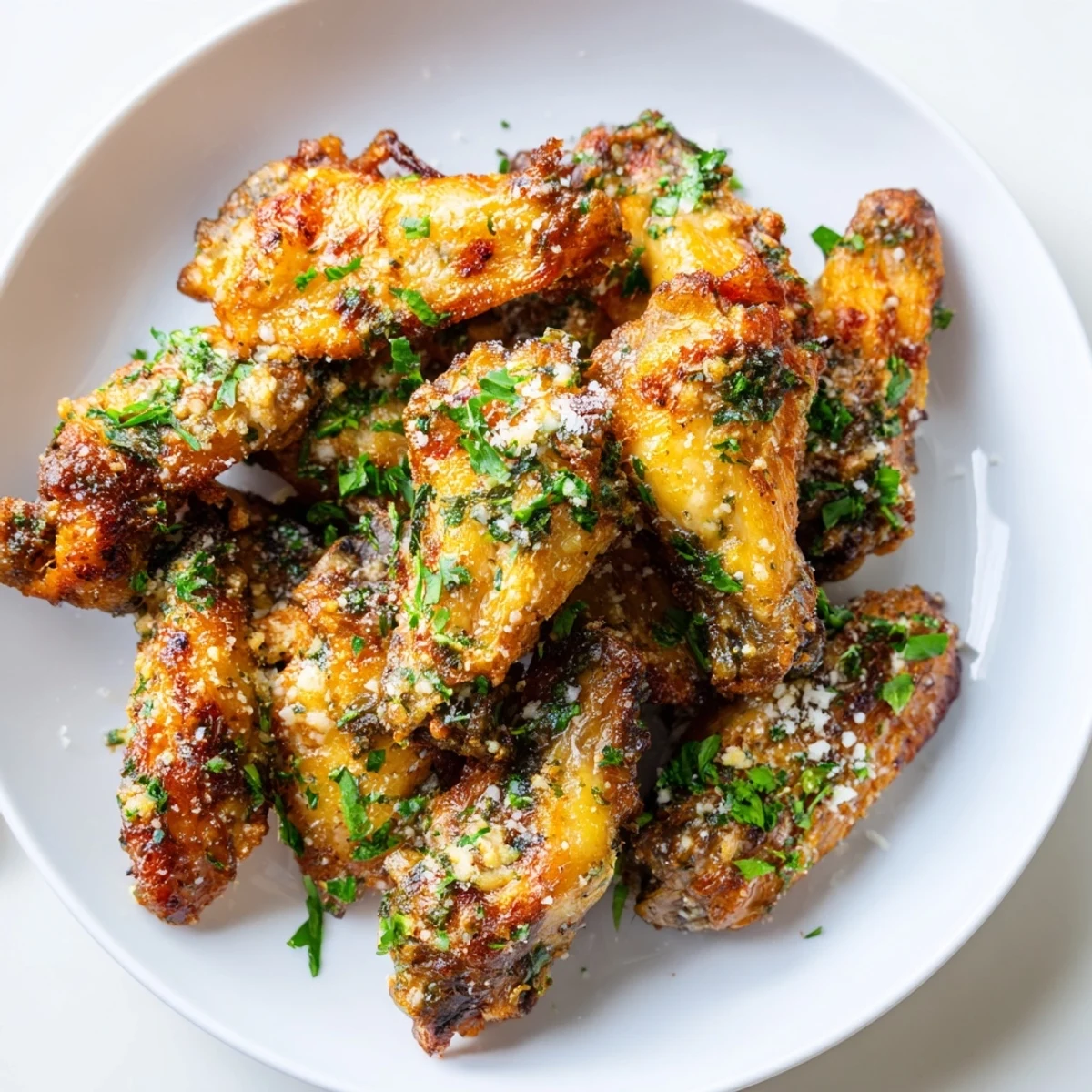 Crispy golden Air Fryer Garlic Parmesan Chicken Wings glistening with buttery sauce and fresh parsley garnish.
