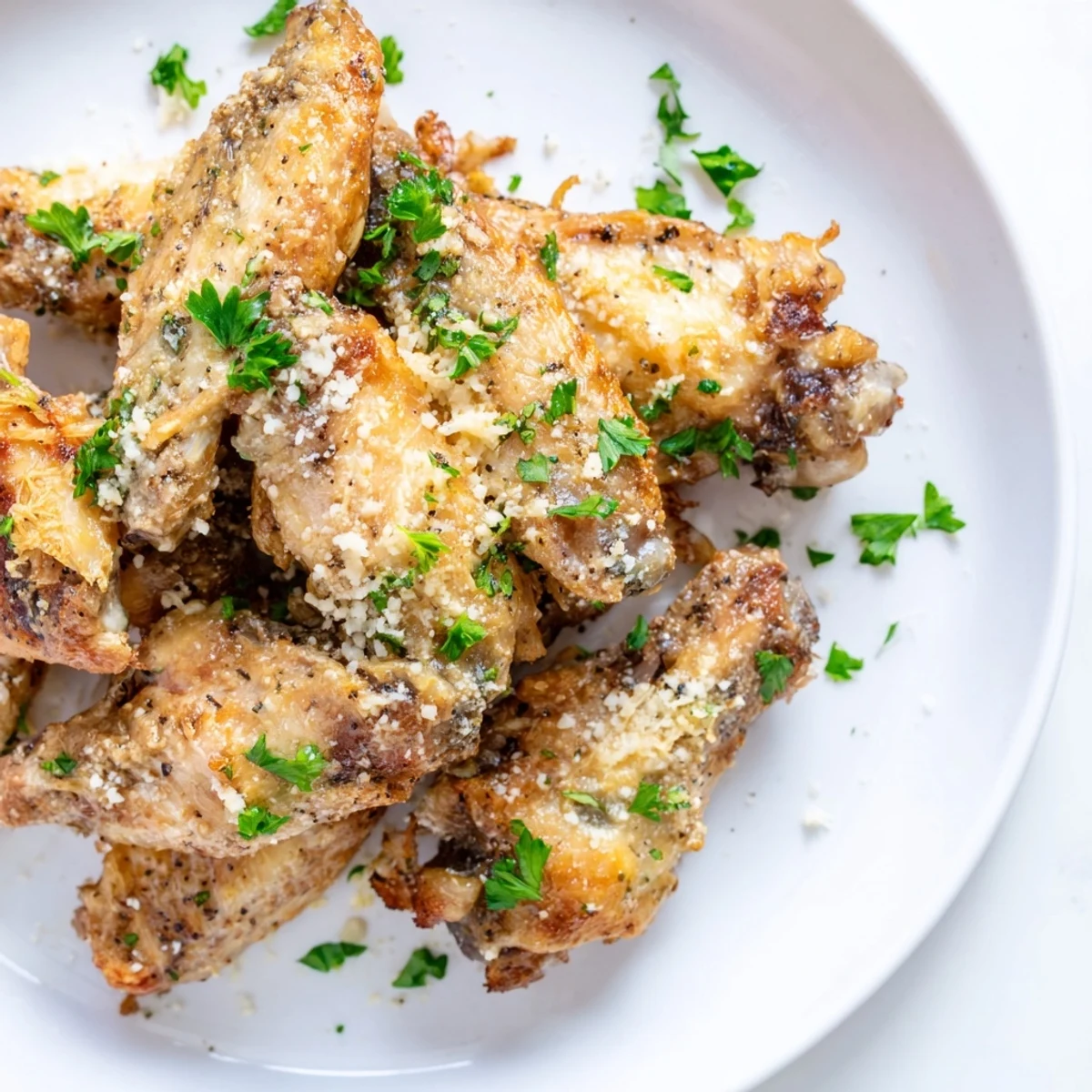 Tender Air Fryer Garlic Parmesan Chicken Wings piled high beside creamy ranch and crunchy celery sticks.