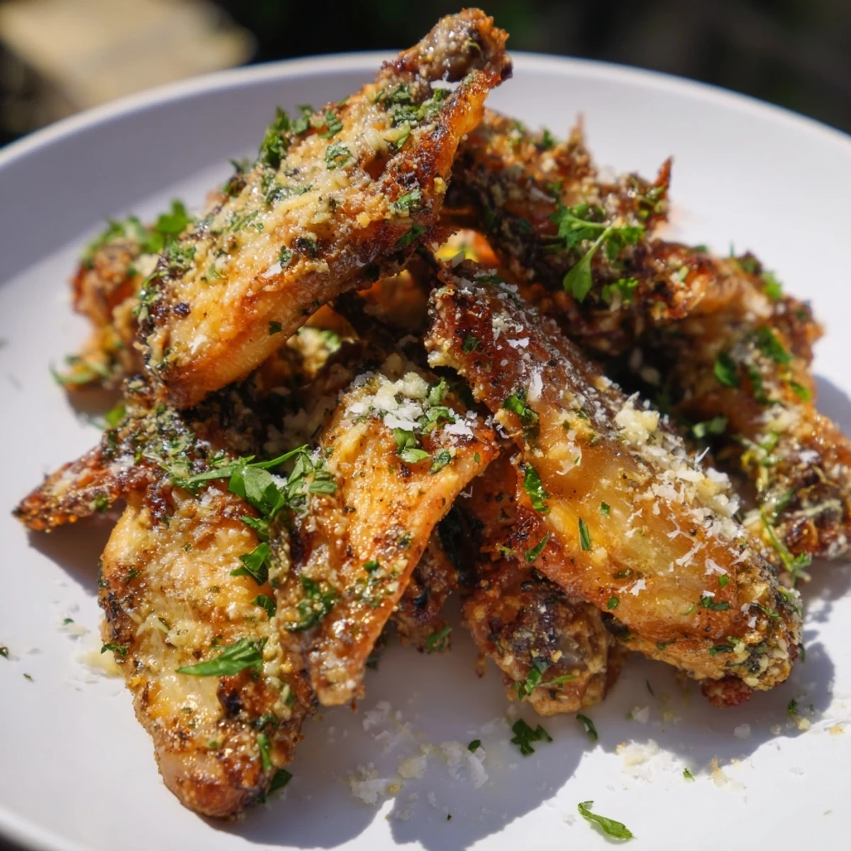 Steam rises from saucy Air Fryer Garlic Parmesan Chicken Wings served on a plate for game day.