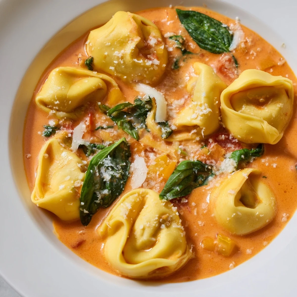 This comforting Italian American soup features plump cheese tortellini swimming in a velvety red tomato broth.