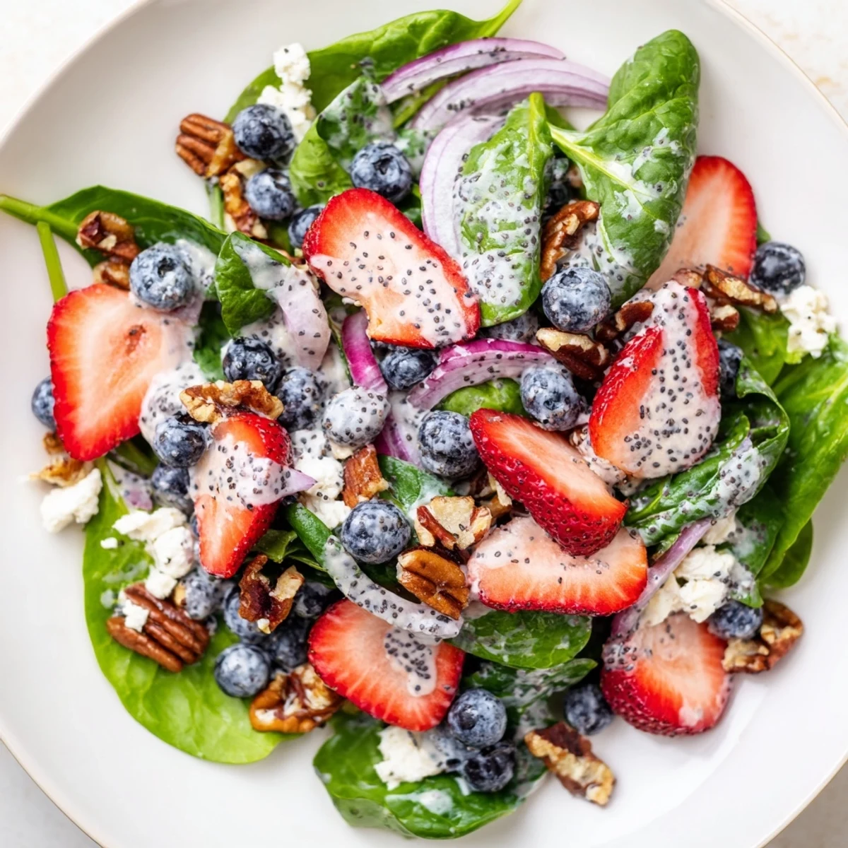 Vibrant Strawberry Spinach Salad with Poppy Seed Dressing showcasing glossy sliced strawberries, baby spinach leaves, crumbled feta, and toasted pecans on a white plate.