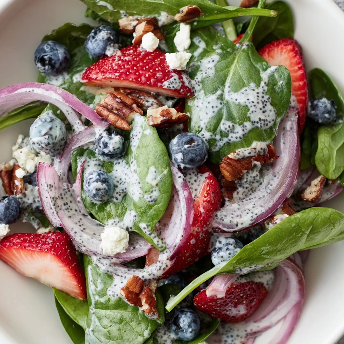 Freshly tossed Strawberry Spinach Salad with Poppy Seed Dressing for summer gatherings, featuring juicy strawberries, tender spinach, red onion slices, and a drizzled creamy dressing.