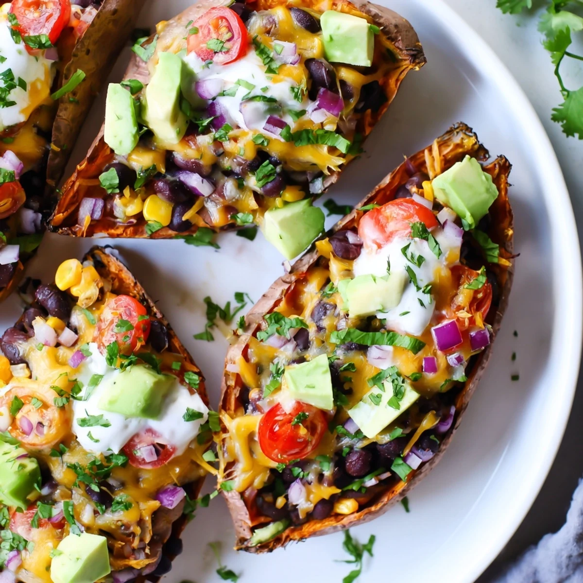 Crispy baked Loaded Sweet Potato Skins with Black Beans topped with melted cheese, diced avocado, and a dollop of Greek yogurt on a rustic platter.