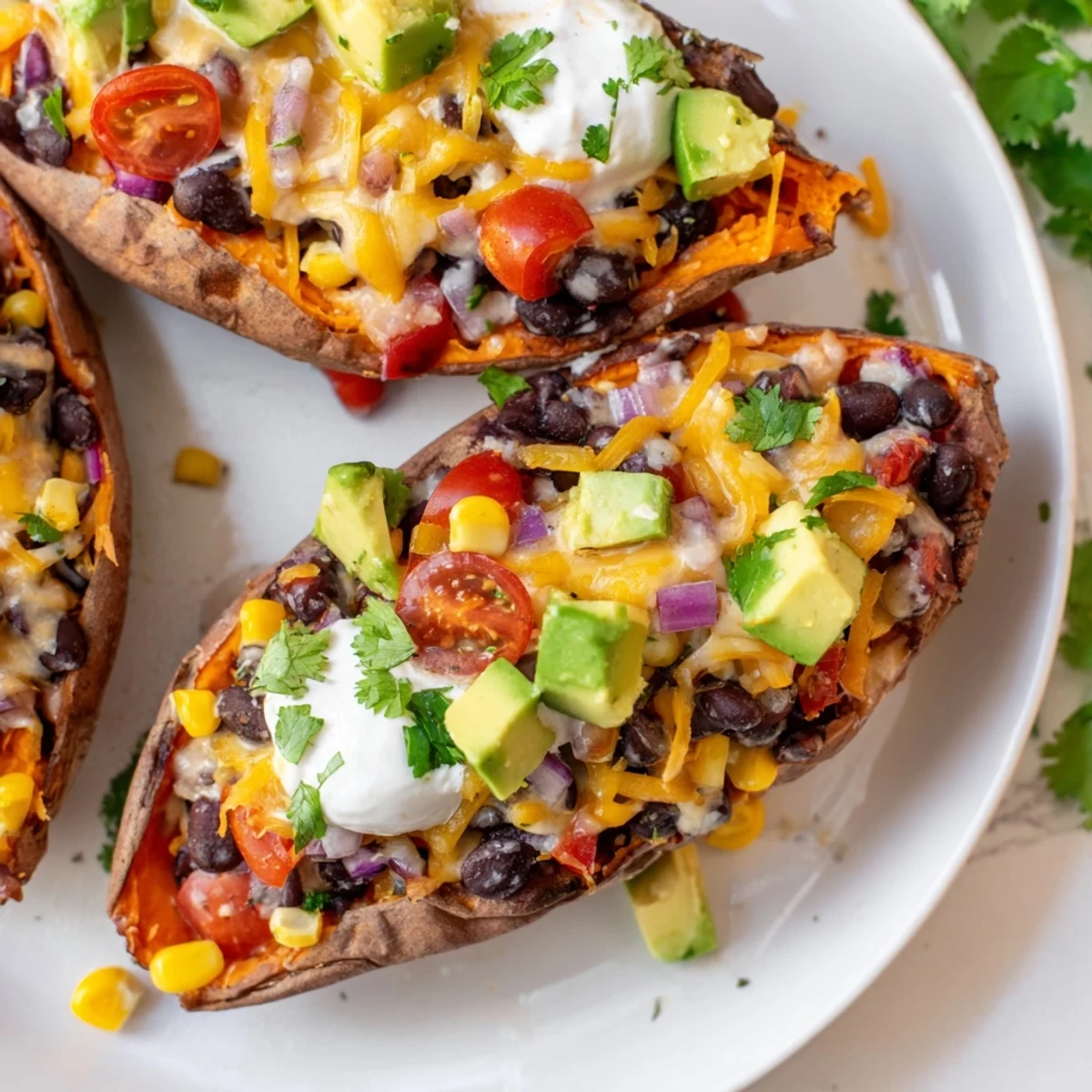 Appetizing photo of Loaded Sweet Potato Skins with Black Beans served as a vegetarian Tex-Mex meal, garnished with jalapeños and sour cream.