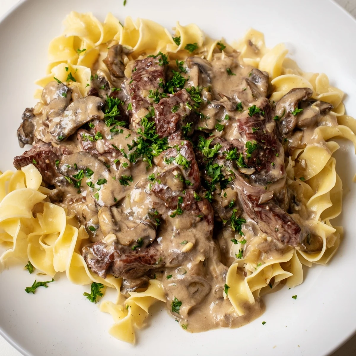 Tender strips of beef in a rich, creamy sauce coat wide egg noodles garnished with parsley.