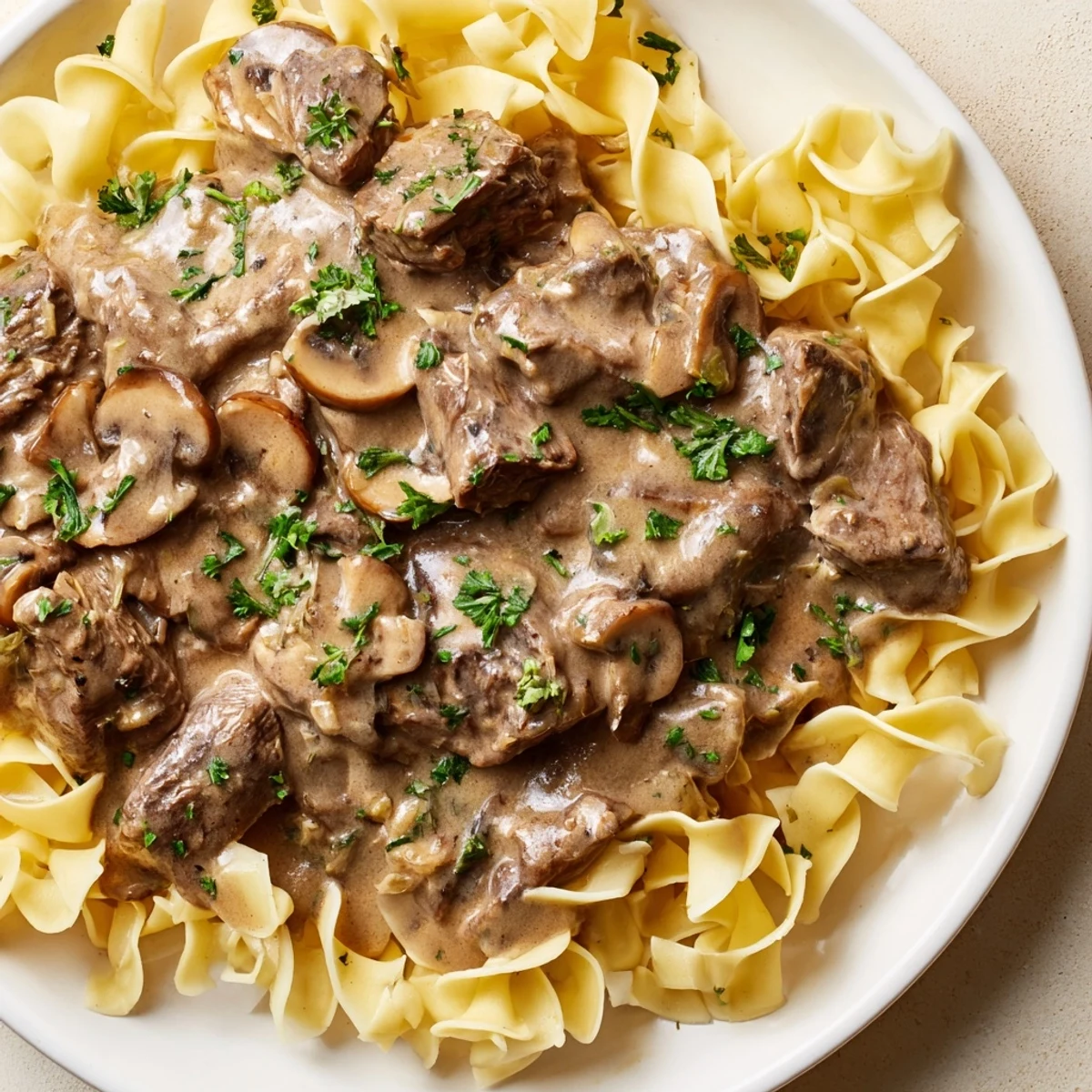 Golden, savory Beef Stroganoff over Egg Noodles swirls with creamy mushroom sauce on a rustic plate.