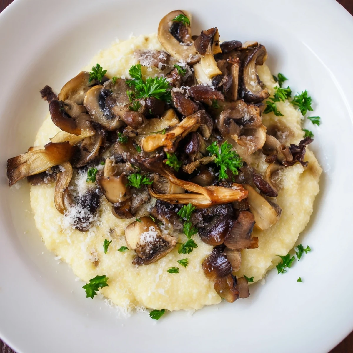 Creamy polenta with roasted mushrooms in a rustic bowl, topped with fresh parsley and grated Parmesan, a comforting vegetarian main dish.